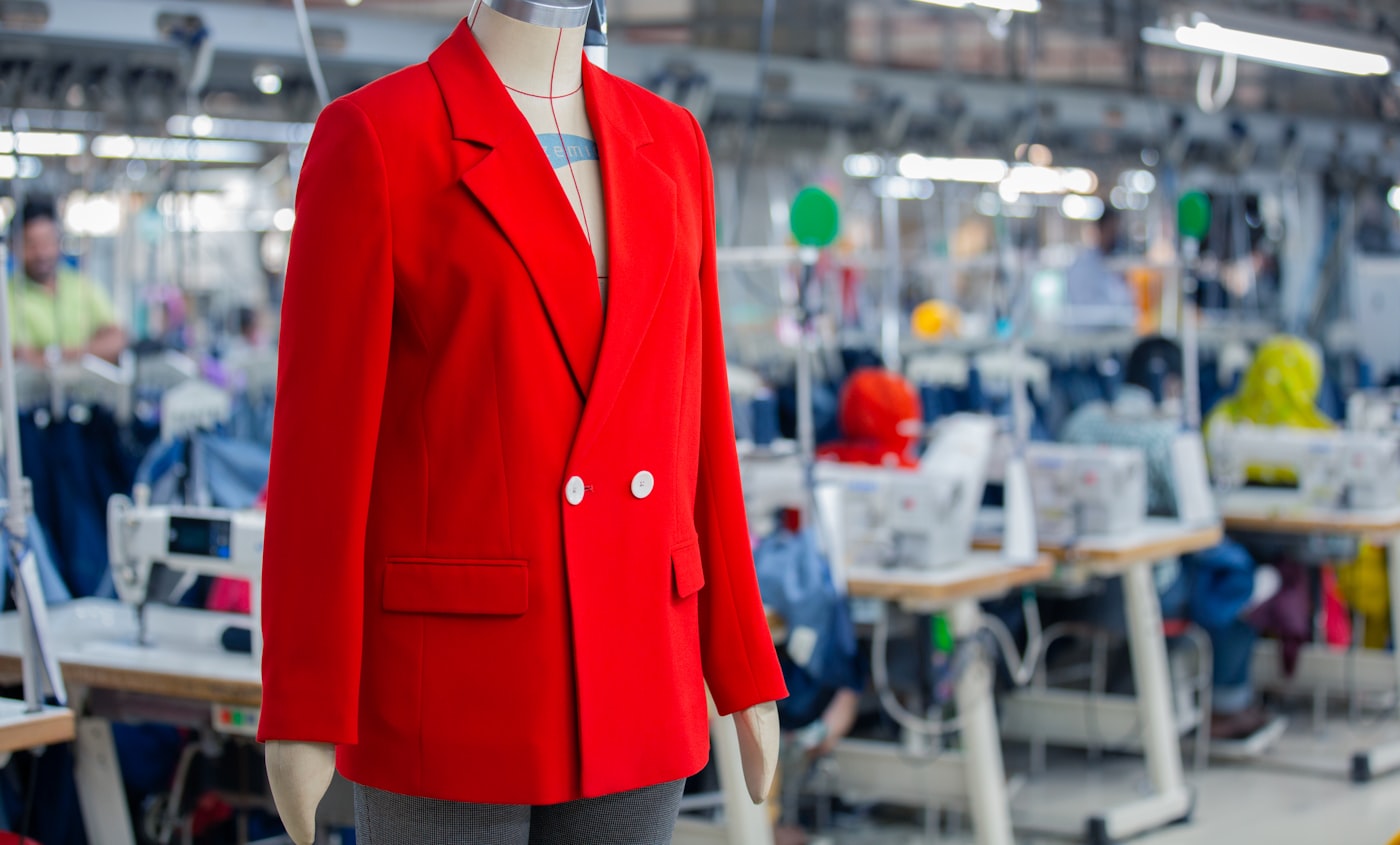 Blazer rouge sur mannequin dans un atelier de confection